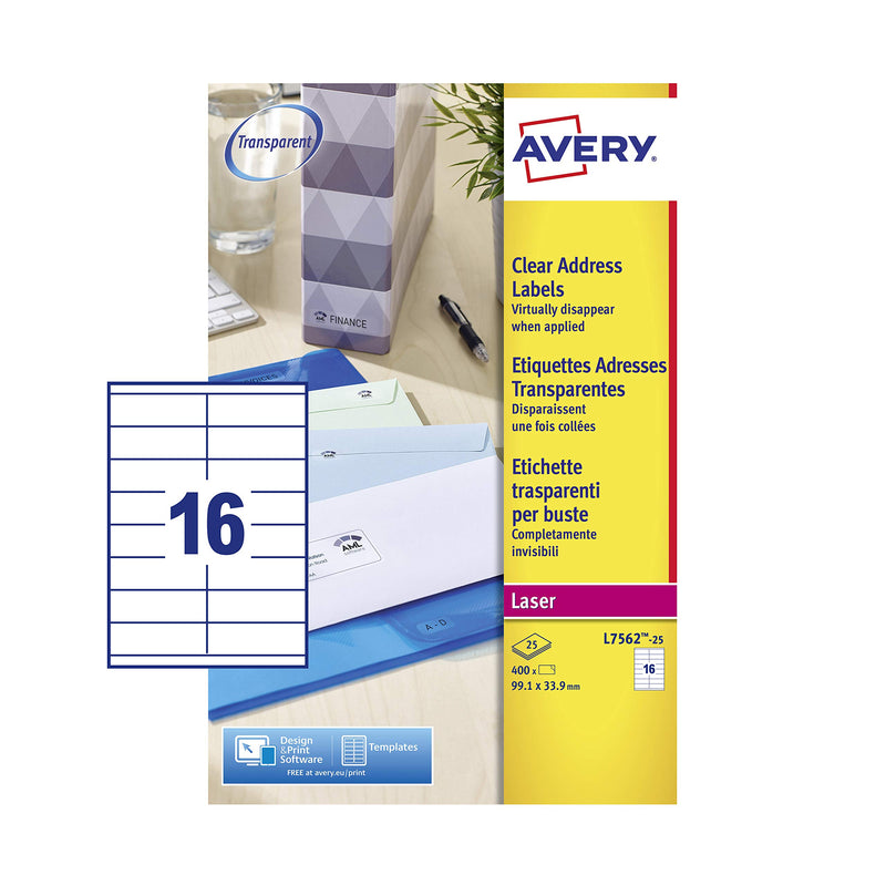 Avery Self Adhesive Clear Address Mailing Labels, Laser Printers, 16 Labels Per A4 Sheet, 400 labels, QuickPEEL (L7562