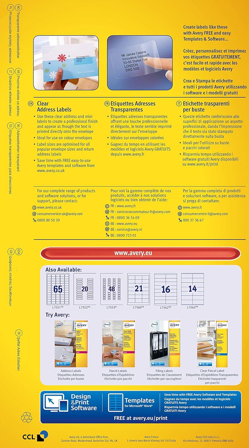 Avery Self Adhesive Clear Address Mailing Labels, Laser Printers, 16 Labels Per A4 Sheet, 400 labels, QuickPEEL (L7562