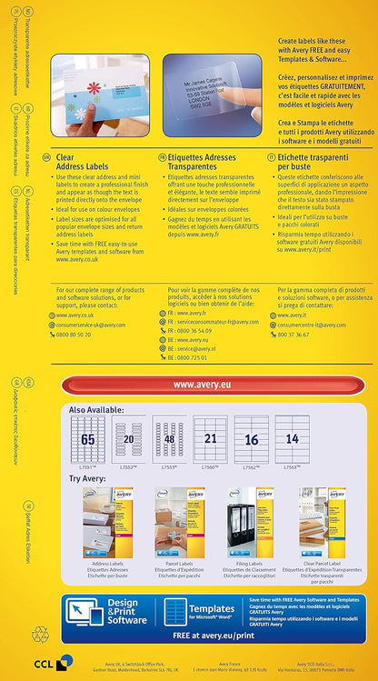 Avery Self Adhesive Clear Address Mailing Labels, Laser Printers, 16 Labels Per A4 Sheet, 400 labels, QuickPEEL (L7562