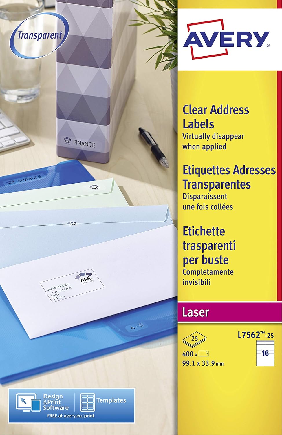 Avery Self Adhesive Clear Address Mailing Labels, Laser Printers, 16 Labels Per A4 Sheet, 400 labels, QuickPEEL (L7562