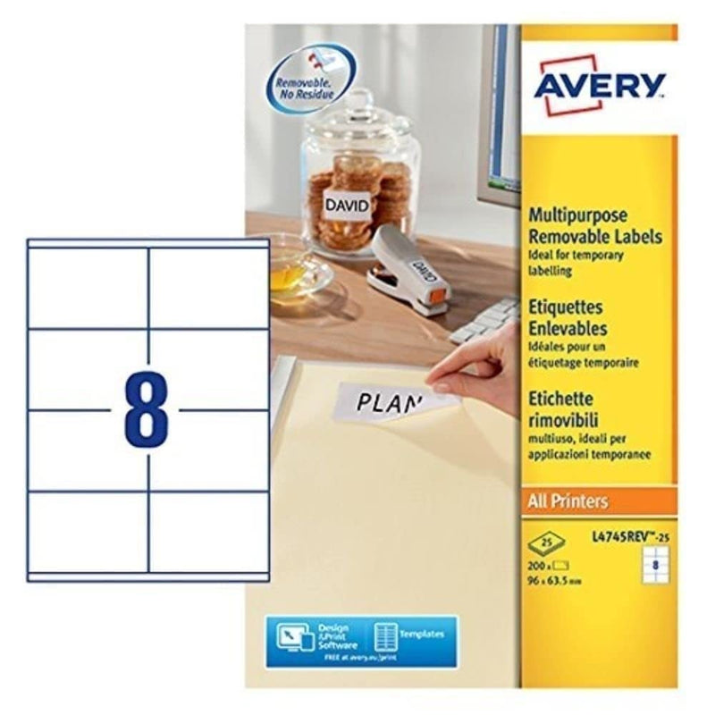 Avery L4745REV-25 Self-Adhesive Removable Labels, 8 Labels Per A4 Sheet, White
