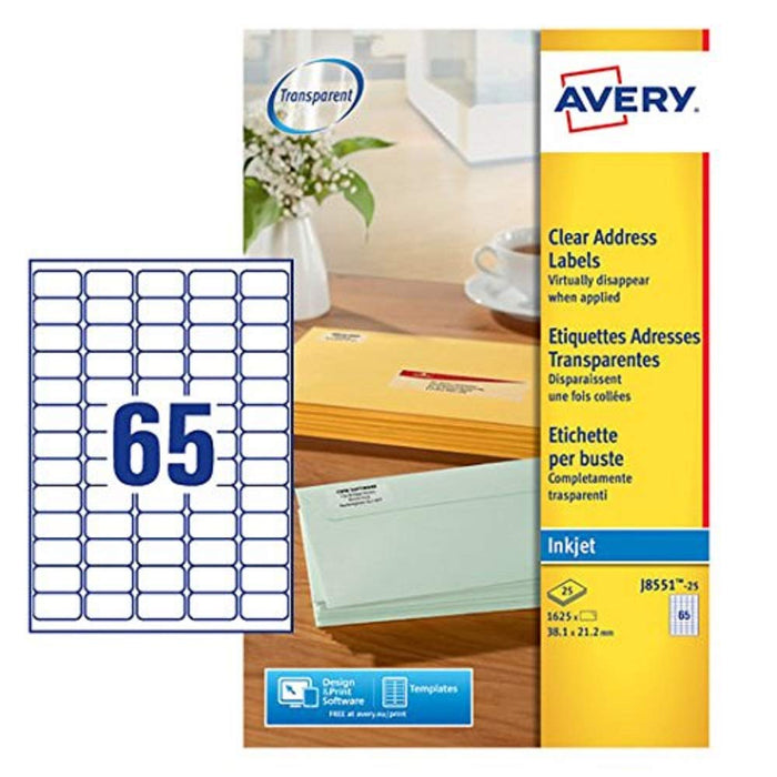 Avery Self Adhesive Clear Mini Return Address Labels, Inkjet Printers, 65 Labels Per A4 Sheet, 1625 Labels, Quickdry (J8551