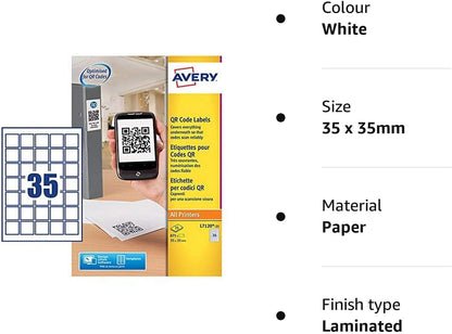 Avery Self-Adhesive Square Product/QR Code Labels, 35 Labels Per A4 Sheet ,White, 35 x 35mm