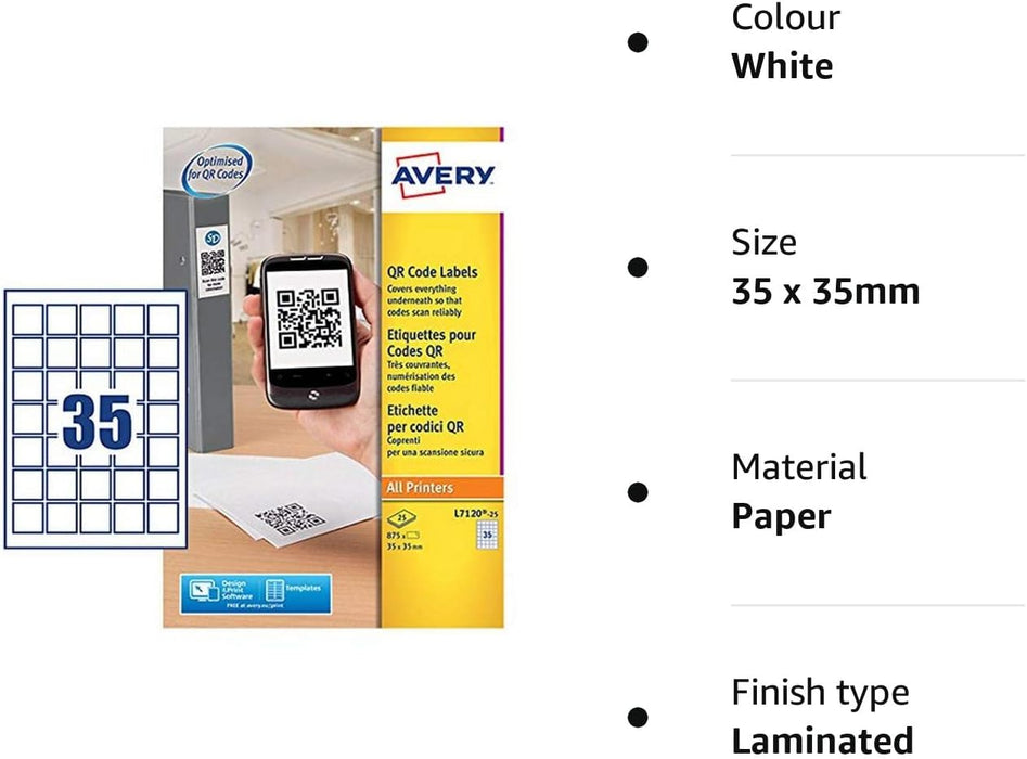 Avery Self-Adhesive Square Product/QR Code Labels, 35 Labels Per A4 Sheet ,White, 35 x 35mm
