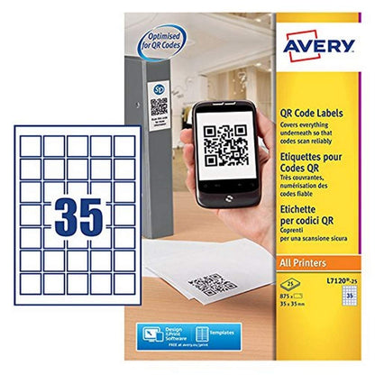 Avery Self-Adhesive Square Product/QR Code Labels, 35 Labels Per A4 Sheet ,White, 35 x 35mm