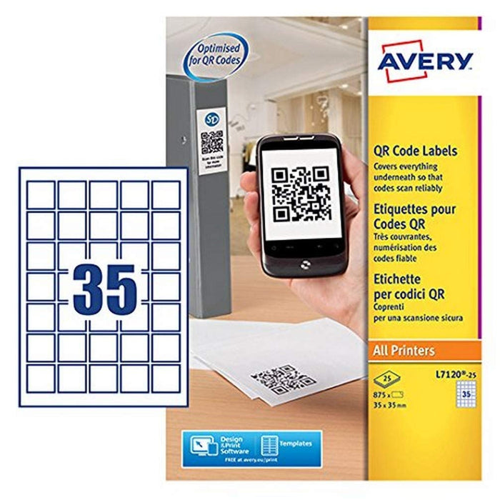 Avery Self-Adhesive Square Product/QR Code Labels, 35 Labels Per A4 Sheet ,White, 35 x 35mm
