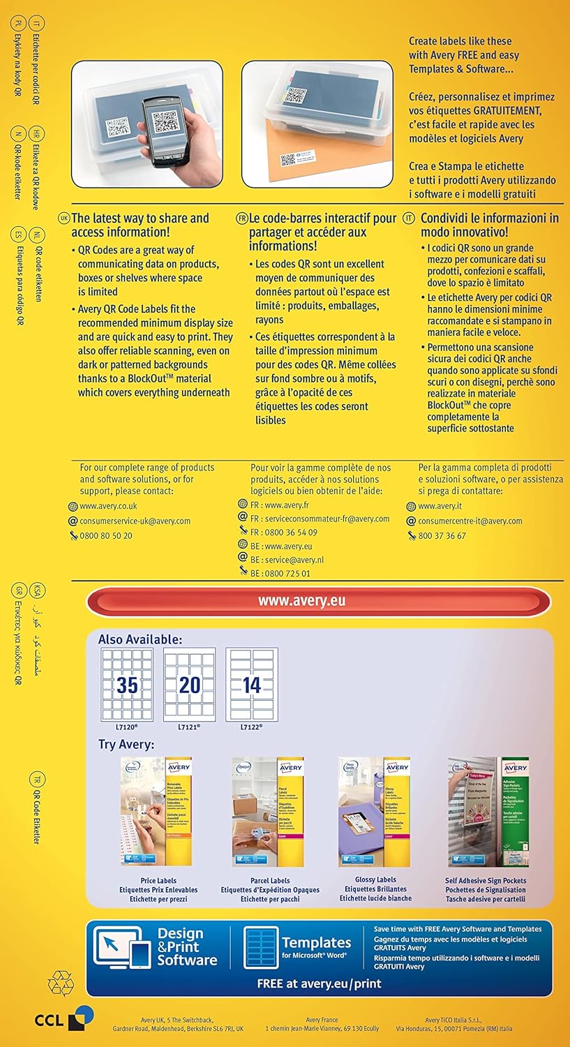 Avery Self-Adhesive Square Product/QR Code Labels, 35 Labels Per A4 Sheet ,White, 35 x 35mm