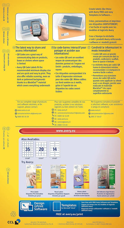 Avery Self-Adhesive Square Product/QR Code Labels, 35 Labels Per A4 Sheet ,White, 35 x 35mm