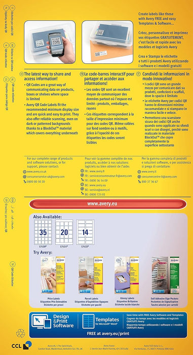 Avery Self-Adhesive Square Product/QR Code Labels, 35 Labels Per A4 Sheet ,White, 35 x 35mm