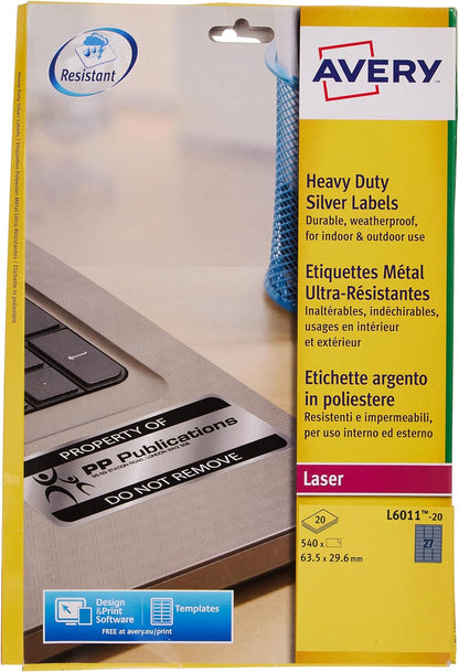 Avery L6011-20 ( 63.5 x 29.6mm) Extra-Strong Adhesive Silver Heavy Duty Labels, 27 Labels Per A4 Sheet