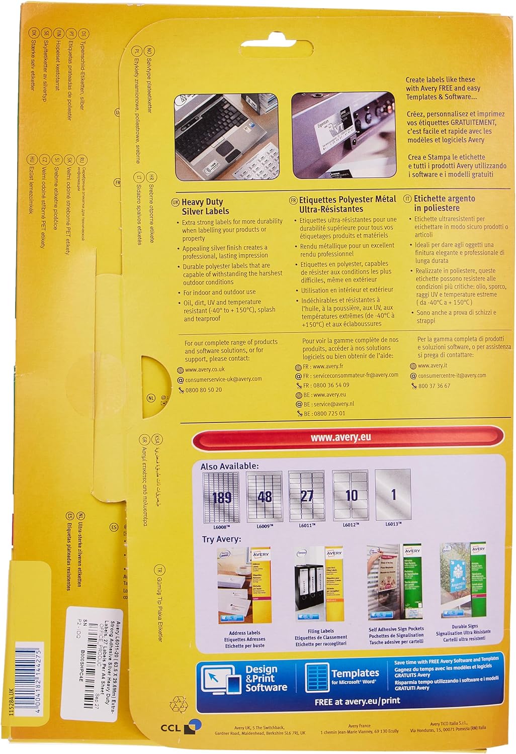 Avery L6011-20 ( 63.5 x 29.6mm) Extra-Strong Adhesive Silver Heavy Duty Labels, 27 Labels Per A4 Sheet
