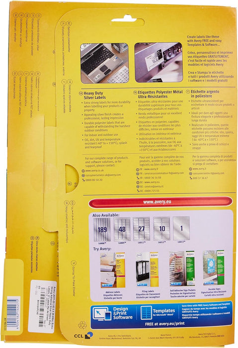 Avery L6011-20 ( 63.5 x 29.6mm) Extra-Strong Adhesive Silver Heavy Duty Labels, 27 Labels Per A4 Sheet