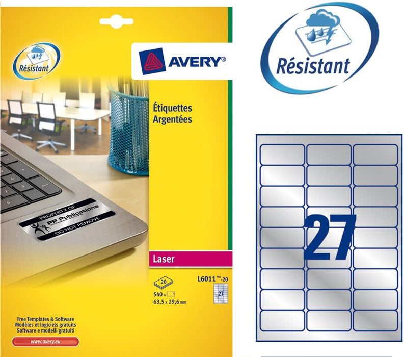 Avery L6011-20 ( 63.5 x 29.6mm) Extra-Strong Adhesive Silver Heavy Duty Labels, 27 Labels Per A4 Sheet