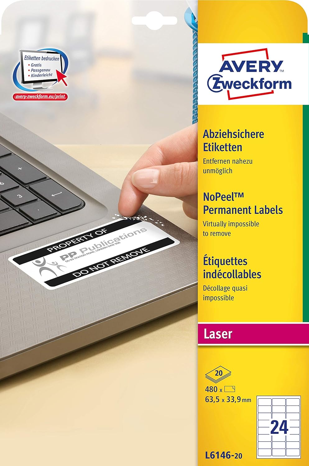 Avery L6146-20 Extra-Strong Adhesive NoPeel Permanent Labels, 24 Labels Per A4 Sheet, white