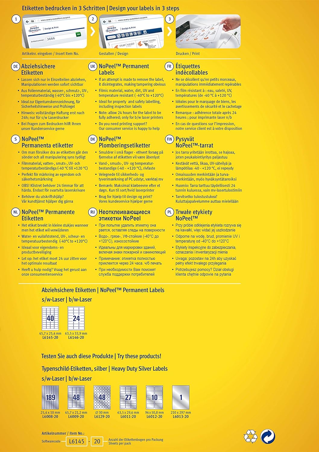 Avery L6146-20 Extra-Strong Adhesive NoPeel Permanent Labels, 24 Labels Per A4 Sheet, white