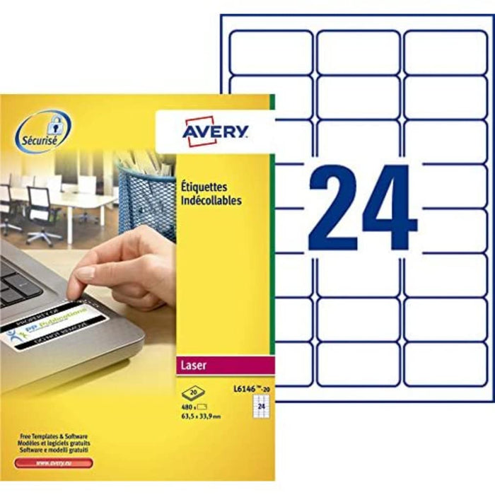 Avery L6146-20 Extra-Strong Adhesive NoPeel Permanent Labels, 24 Labels Per A4 Sheet, white
