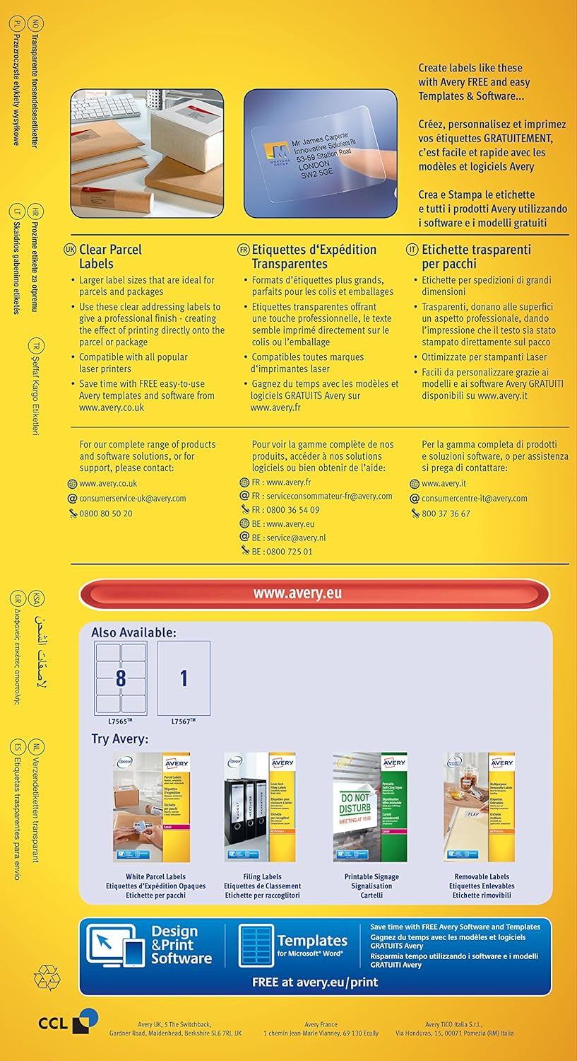 Avery Self Adhesive Clear Parcel Shipping Labels, Laser Printers, 1 Label per A4 Sheet, 25 Labels, QuickPEEL (L7567
