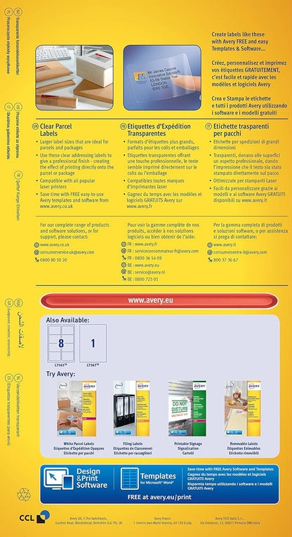 Avery Self Adhesive Clear Parcel Shipping Labels, Laser Printers, 1 Label per A4 Sheet, 25 Labels, QuickPEEL (L7567