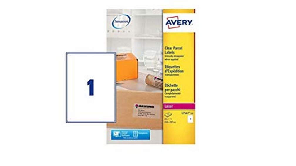 Avery Self Adhesive Clear Parcel Shipping Labels, Laser Printers, 1 Label per A4 Sheet, 25 labels, QuickPEEL (L7567) Transparent 210 x 297 mm L7567-25