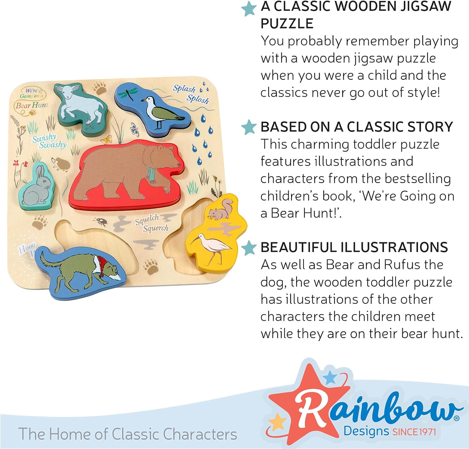 Rainbow Designs Official We’re Going On a Bear Hunt - Wooden Shape Puzzle Early Learning Toy For Babies And Toddlers, 6 Pieces