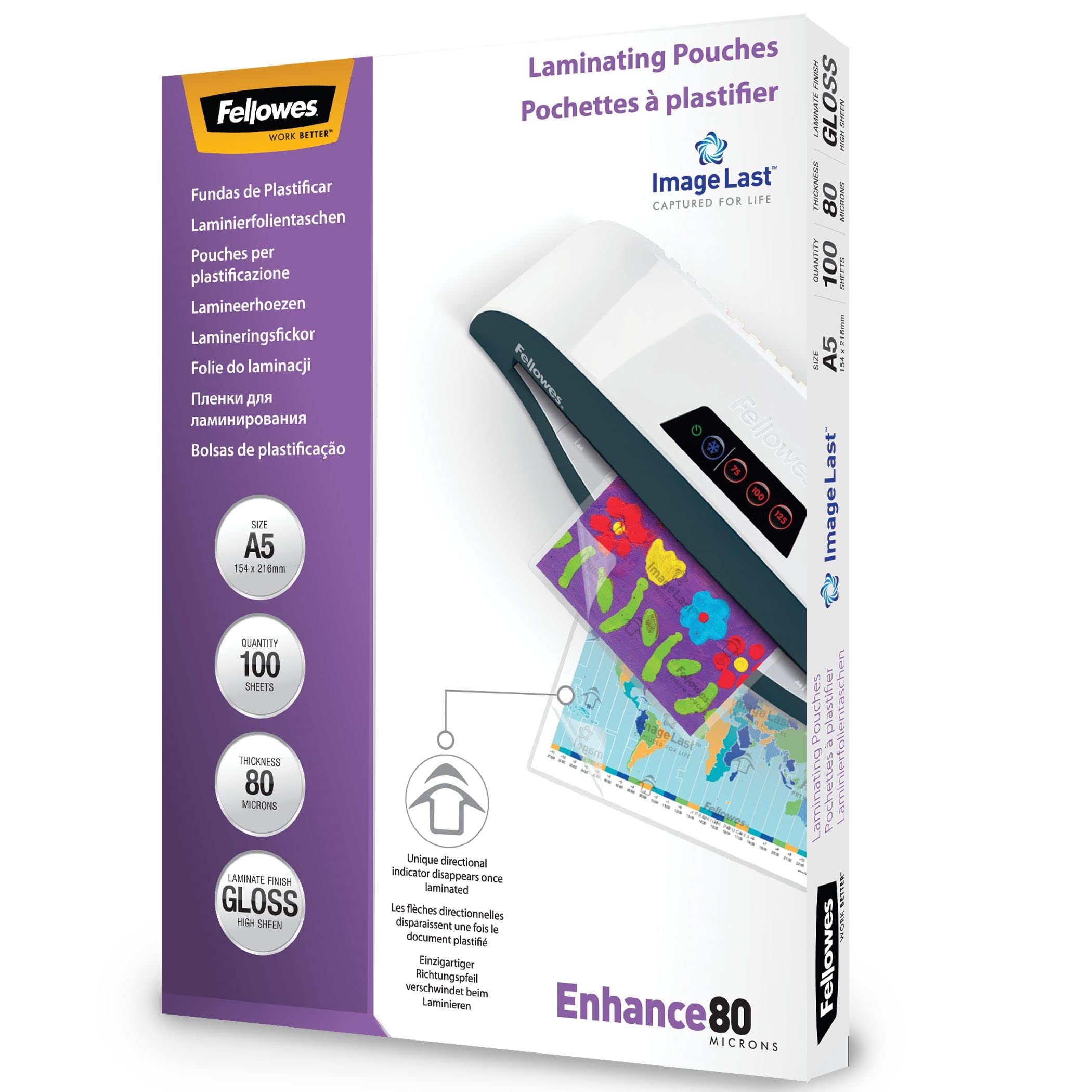 Fellowes Enhance A5 80 Micron Laminating Pouches (Pack of 100), Transparent, 5306002