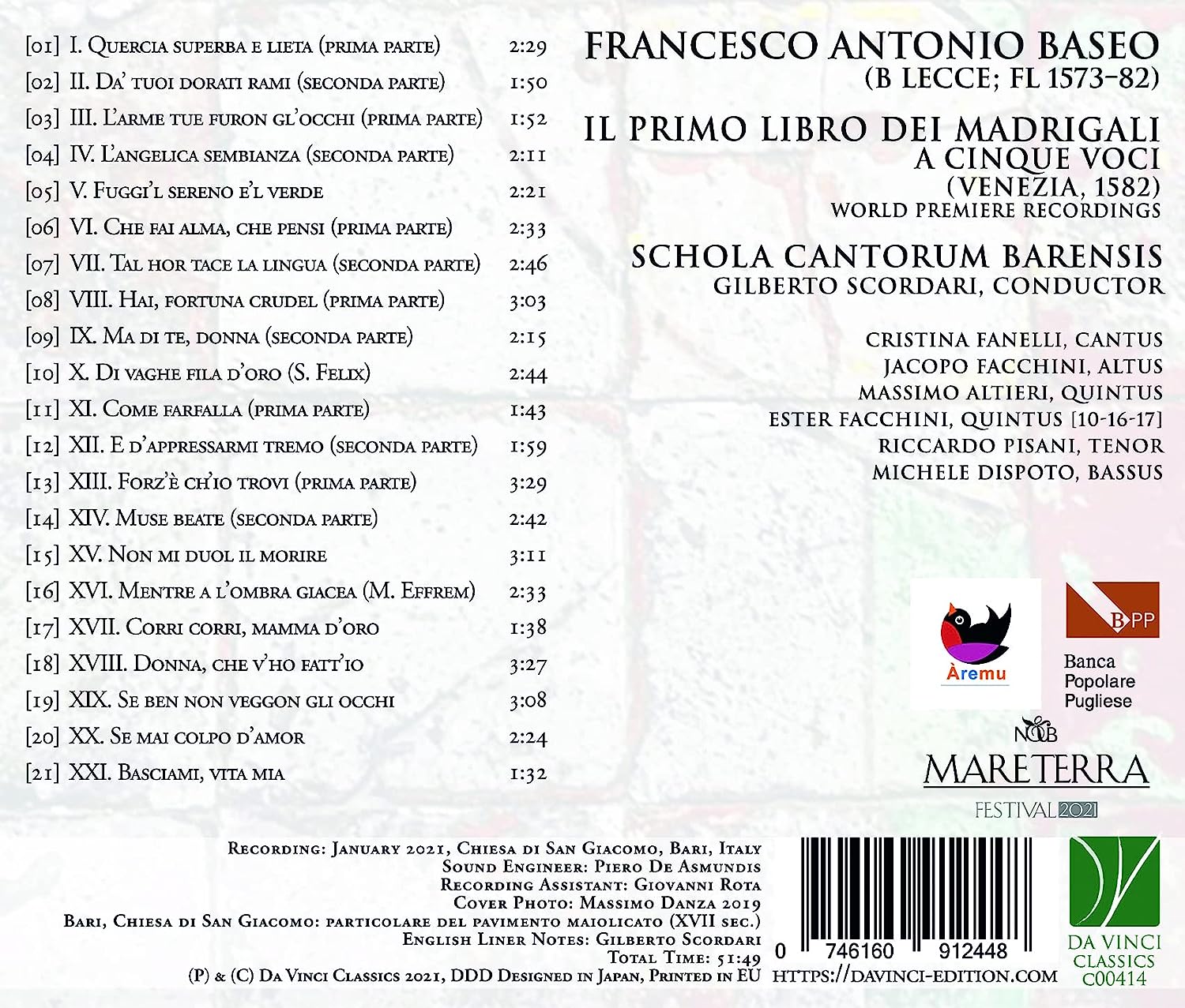 Baseo: Il Primo Libro Dei Madrigali a Cinque Voci (Venezia, 1582