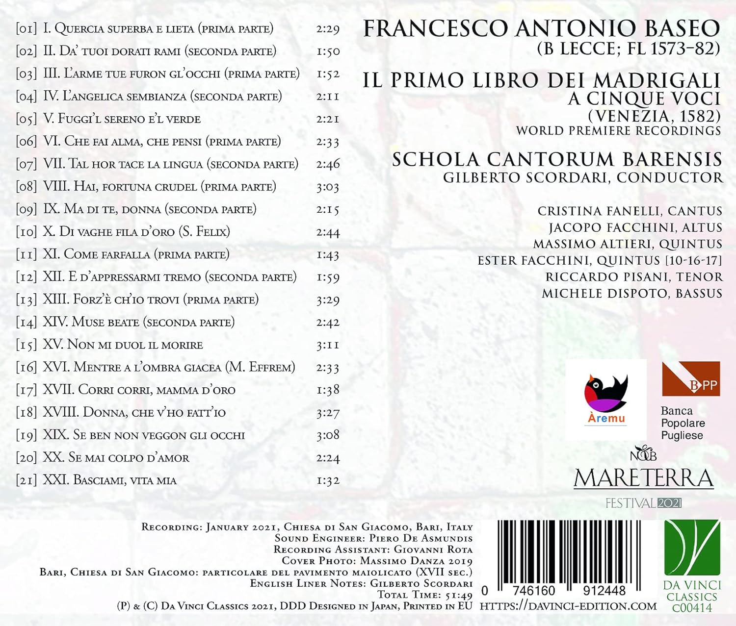 Baseo: Il Primo Libro Dei Madrigali a Cinque Voci (Venezia, 1582