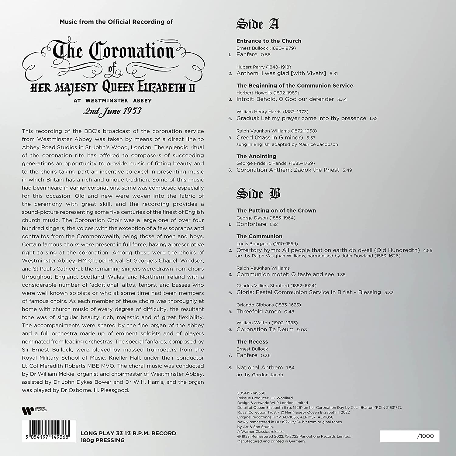 Music From The Official Recording Of The Coronation Service Of Her Majesty Queen Elizabeth II : Platinum Jubilee Ltd Edition, Numbered, 180gm LP