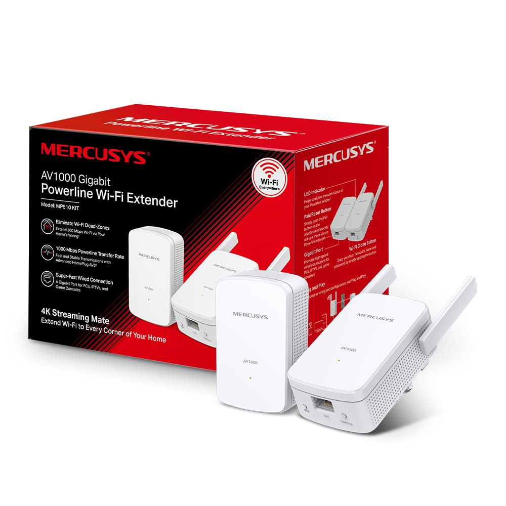 Mercusys AV1000 Gigabit Powerline Starter Kit, Data transfer speed Up To 1000 Mbps, Eliminate WiFi Dead Zones,with Extend 300 Mbps WiFi, No Configuration required (MP510 KIT), White