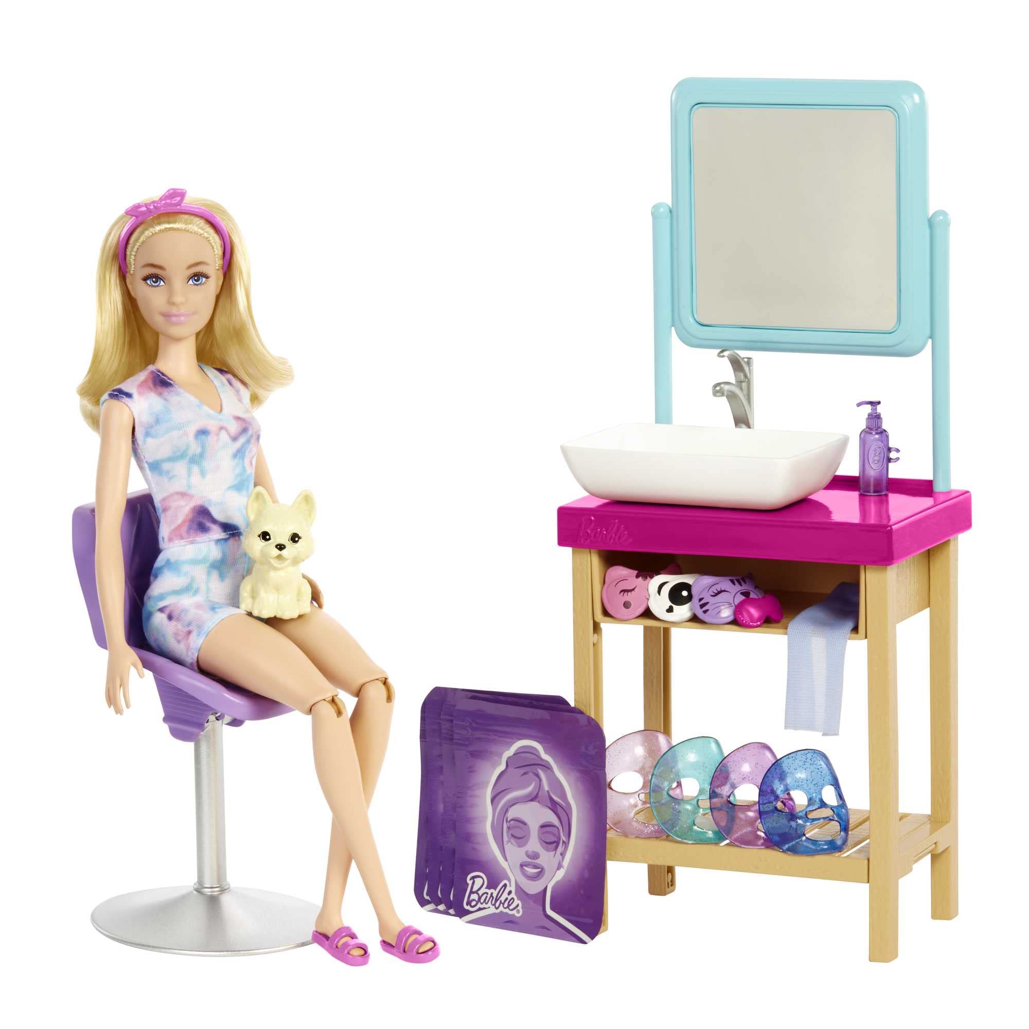 Barbie Sparkle Spa Day Playset, Blonde Doll, 7 Masks, Sink, Mirror, Chair, Total 15+ Accessories, 3 to 7 Years Old, ‎7 x 11.4 x 27.2 cm; 540 Grams