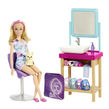 Barbie Sparkle Spa Day Playset, Blonde Doll, 7 Masks, Sink, Mirror, Chair, Total 15+ Accessories, 3 to 7 Years Old, ‎7 x 11.4 x 27.2 cm; 540 Grams