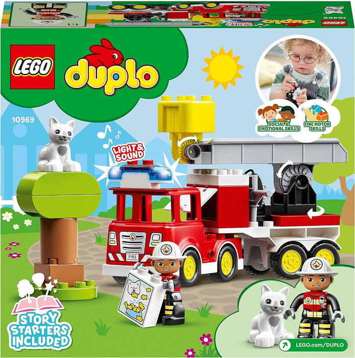 LEGO DUPLO Town Fire Engine Toy for Toddlers, Boys and Girls 2 Plus Years Old, Truck with Lights and Siren, Firefighter & Cat Figures, Educational Learning Toys 10969