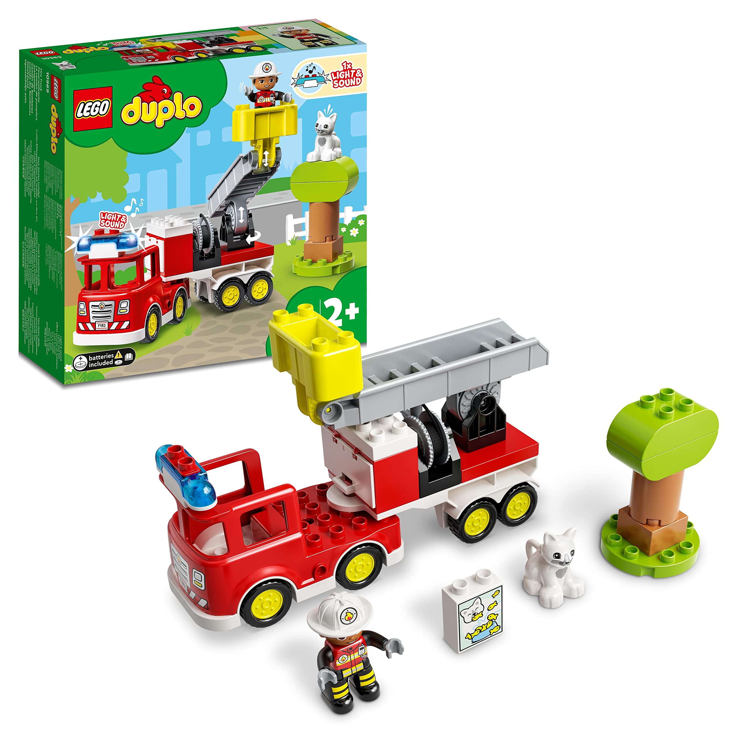 LEGO DUPLO Town Fire Engine Toy for Toddlers, Boys and Girls 2 Plus Years Old, Truck with Lights and Siren, Firefighter & Cat Figures, Educational Learning Toys 10969