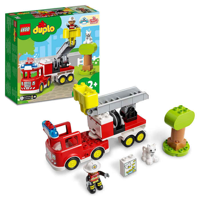 LEGO DUPLO Town Fire Engine Toy for Toddlers, Boys and Girls 2 Plus Years Old, Truck with Lights and Siren, Firefighter & Cat Figures, Educational Learning Toys 10969