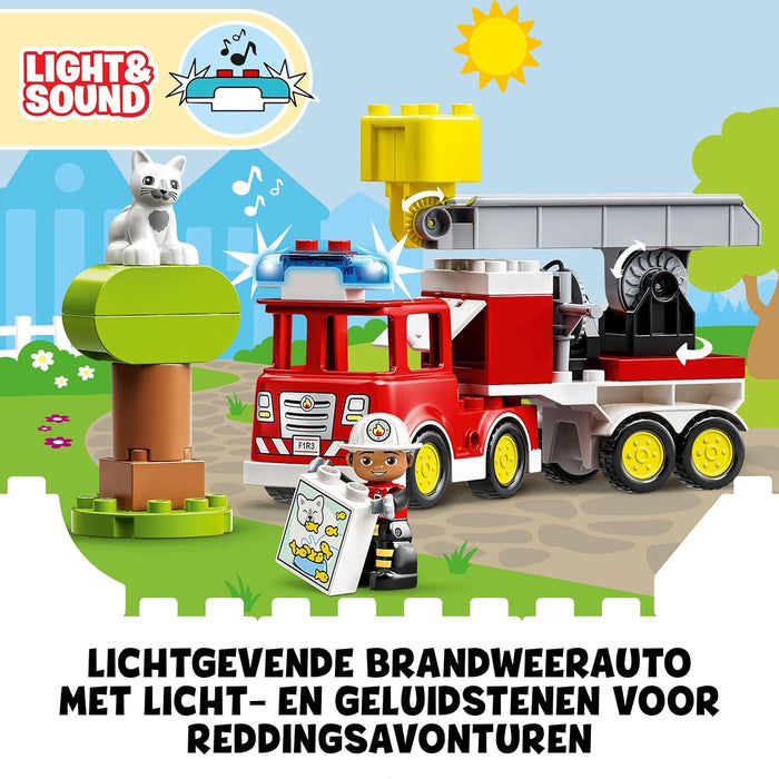 LEGO DUPLO Town Fire Engine Toy for Toddlers, Boys and Girls 2 Plus Years Old, Truck with Lights and Siren, Firefighter & Cat Figures, Educational Learning Toys 10969
