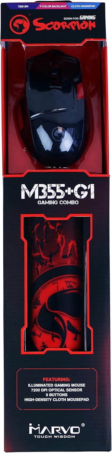 Marvo Scorpion M355 Gaming Mouse and G1 Mouse Pad, USB, Ambidextrous ergonomic design with 7 Colour LED, 5 Adjustable levels up to 6400 DPI, Gaming Grade Optical Sensor with 9 Programmable Buttons