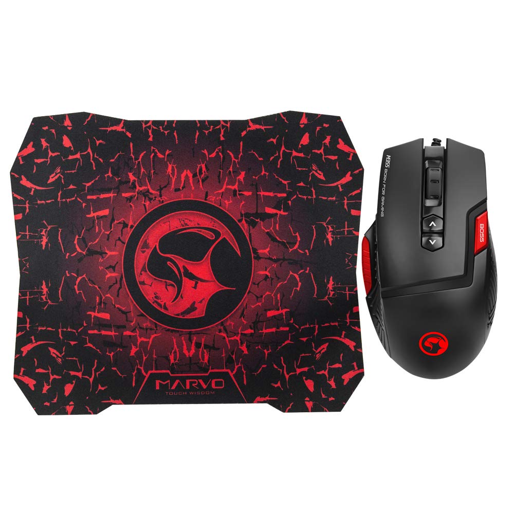 Marvo Scorpion M355 Gaming Mouse and G1 Mouse Pad, USB, Ambidextrous ergonomic design with 7 Colour LED, 5 Adjustable levels up to 6400 DPI, Gaming Grade Optical Sensor with 9 Programmable Buttons