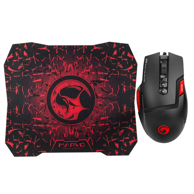 Marvo Scorpion M355 Gaming Mouse and G1 Mouse Pad, USB, Ambidextrous ergonomic design with 7 Colour LED, 5 Adjustable levels up to 6400 DPI, Gaming Grade Optical Sensor with 9 Programmable Buttons