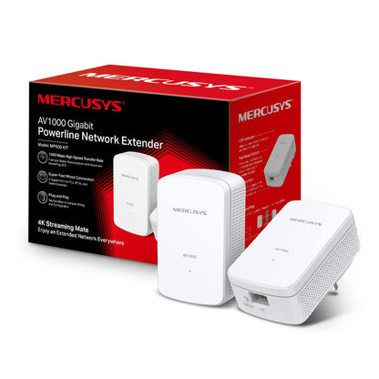 Mercusys AV1000 Gigabit Powerline Starter Kit, Data transfer speed Up To 1000 Mbps, Ideal for 4K streaming, online gaming and graphics-intensive applications No Configuration required (MP500 KIT