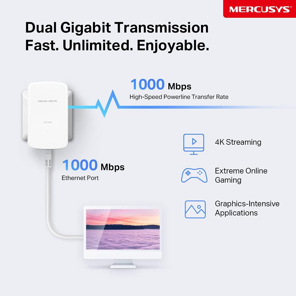 Mercusys AV1000 Gigabit Powerline Starter Kit, Data transfer speed Up To 1000 Mbps, Ideal for 4K streaming, online gaming and graphics-intensive applications No Configuration required (MP500 KIT