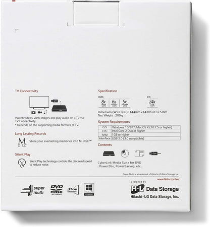 Hitachi-LG GP60 External DVD Drive, Slim Portable DVD Burner/Writer/Player for Laptop, Windows and Mac OS Compatible, USB 2.0, 8x Read/Write Speed