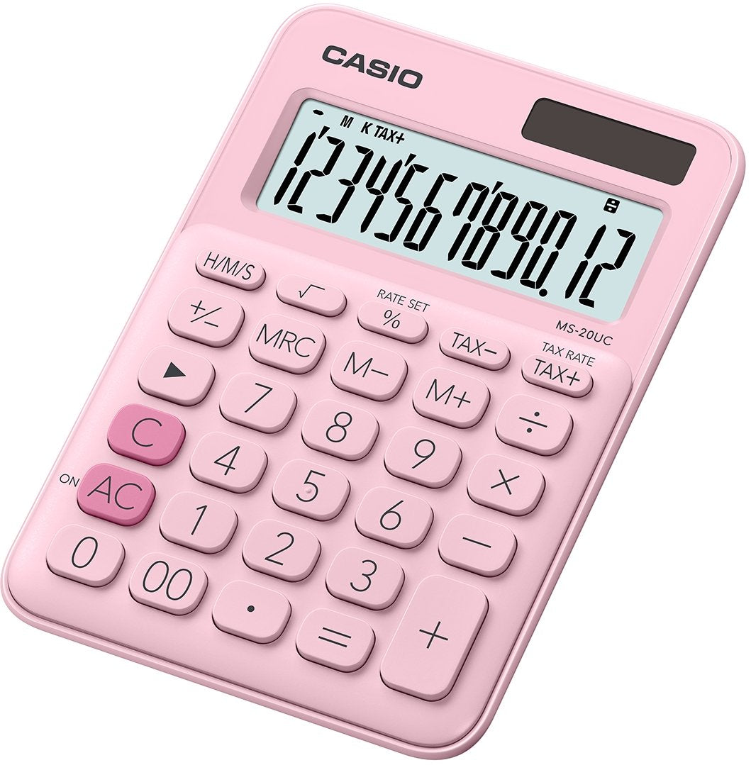 CASIO Tischrechner MS-20UC-PK, 12-stellig, in Trendfarben, Steuerberechnung, Zeitumrechnung, Solar-/Batteriebetrieb, 2.3 x 10.5 x 14.95 cm