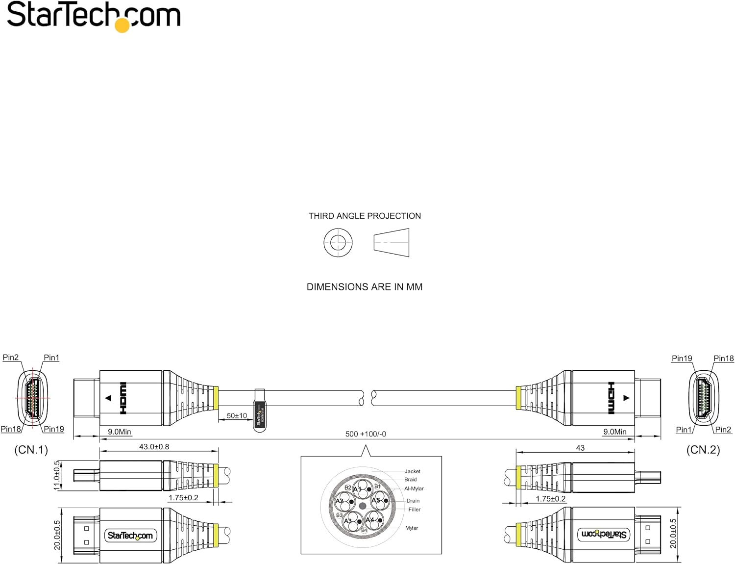 StarTech.com Cable de 0,5m HDMI 2.0 con Certificación Premium - Cable HDMI de Alta Velocidad con Ethernet Ultra HD 4K 60Hz - HDR10, ARC - Cable de Vídeo HDMI UHD - M/M (HDMMV50CM)