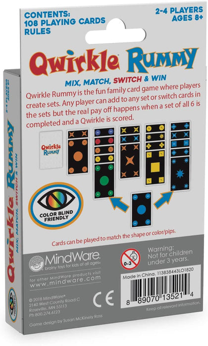 Mindware | Qwirkle Rummy (Colour-Blind-Friendly) | Family Card Game | Ages 8+ | 2-4 Players | 20 Minutes Playing Time