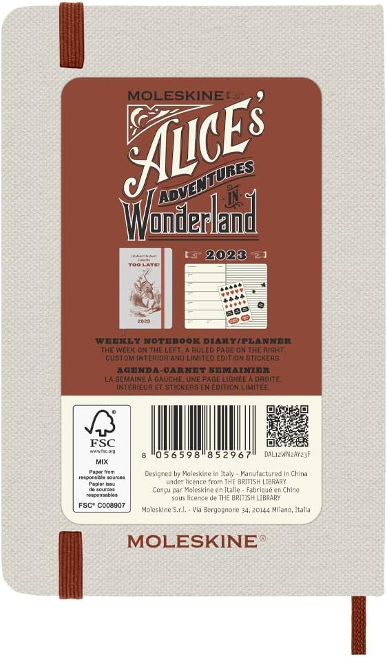 Moleskine Weekly Planner 2023, 12-Month Diary, Limited Edition Alice In Wonderland, Weekly Planner with Hard Cover and Elastic Closure, Pocket Size 9 x 14 cm, Colour Orange