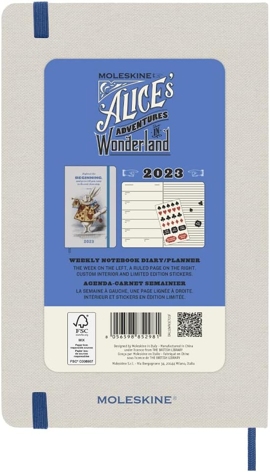Moleskine Weekly Planner 2023, 12-Month Diary, Limited Edition Alice In Wonderland, Weekly Planner with Hard Cover and Elastic Closure, Large Size 21 x 13.5 Cm