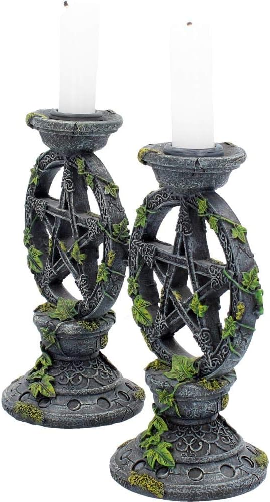 Nemesis Now Wiccan Pentagram Candlesticks Set of Two Candle Holder 15cm, Resin, Black, Pentagram Design, Gothic Dining Room Decor, Gothic Romance Gift, Cast in the Finest Resin, Expertly Hand-Painted