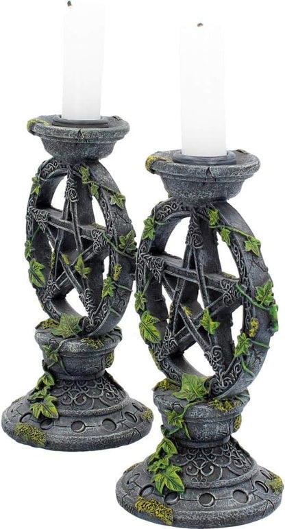 Nemesis Now Wiccan Pentagram Candlesticks Set of Two Candle Holder 15cm, Resin, Black, Pentagram Design, Gothic Dining Room Decor, Gothic Romance Gift, Cast in the Finest Resin, Expertly Hand-Painted