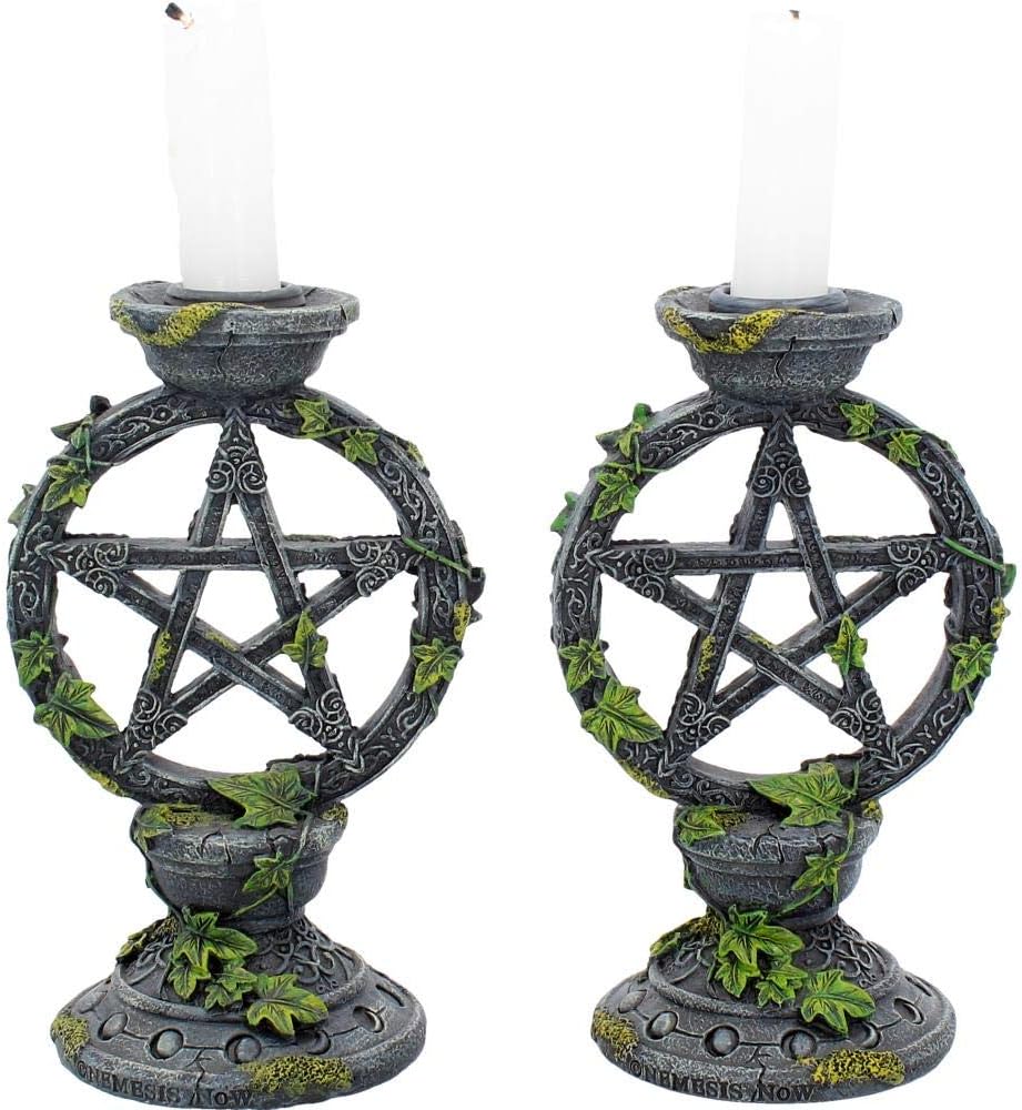 Nemesis Now Wiccan Pentagram Candlesticks Set of Two Candle Holder 15cm, Resin, Black, Pentagram Design, Gothic Dining Room Decor, Gothic Romance Gift, Cast in the Finest Resin, Expertly Hand-Painted
