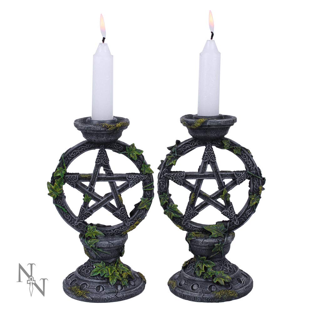 Nemesis Now Wiccan Pentagram Candlesticks Set of Two Candle Holder 15cm, Resin, Black, Pentagram Design, Gothic Dining Room Decor, Gothic Romance Gift, Cast in the Finest Resin, Expertly Hand-Painted